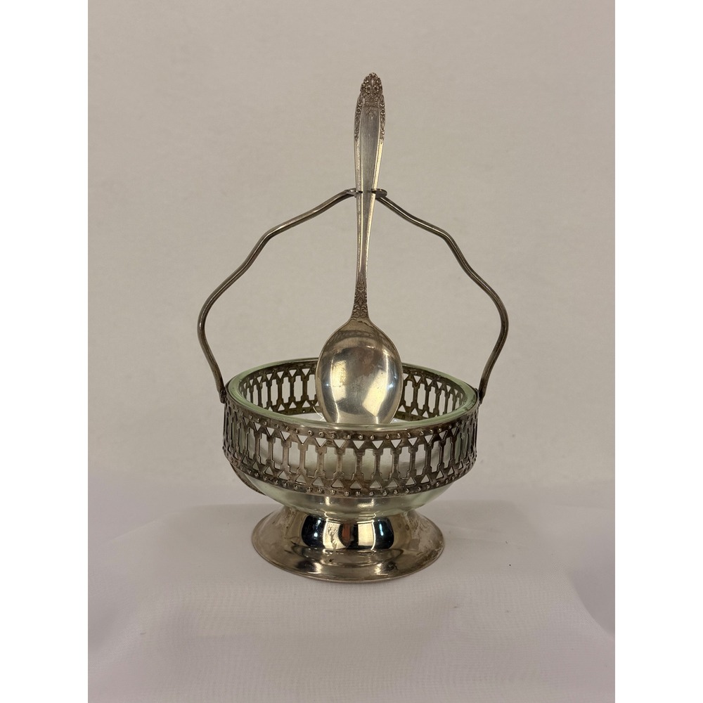 Vintage Nickel Silver Jelly Jam Server Glass Insert Reticulated Basket Spoon